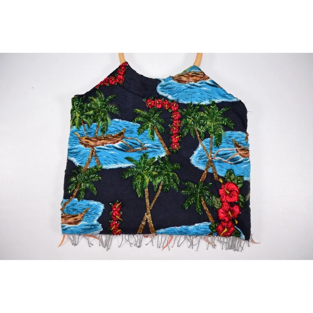 Hawaiian Purse Double Bamboo Handles Hibiscus‎ Floral Catamaran Beaded Fringe